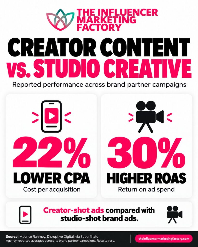 Creator ads delivered 22% lower cost per acquisition and 30% higher return on ad spend in Disruptive Digital’s reported brand campaigns.