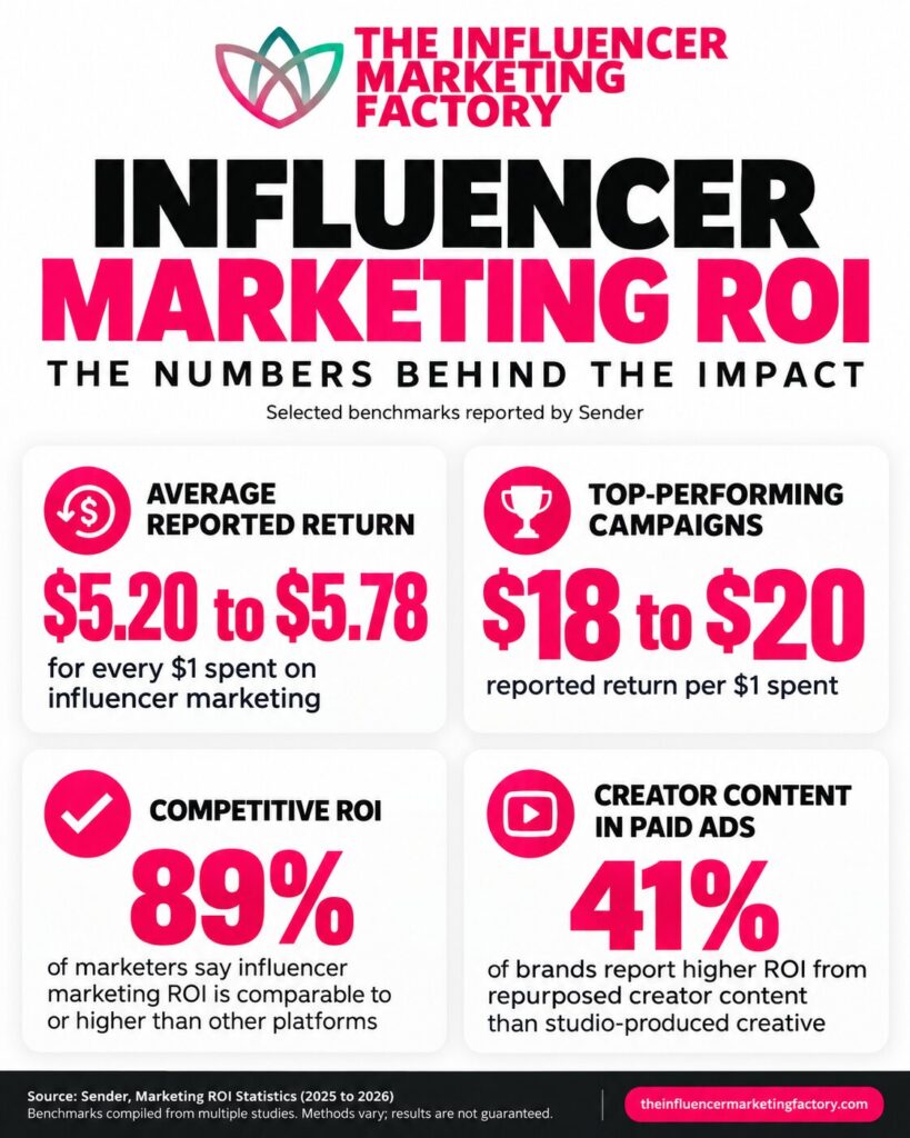 The Influencer Marketing Factory infographic showing influencer marketing returns of $5.20 to $5.78 per dollar spent and $18 to $20 for top-performing campaigns.