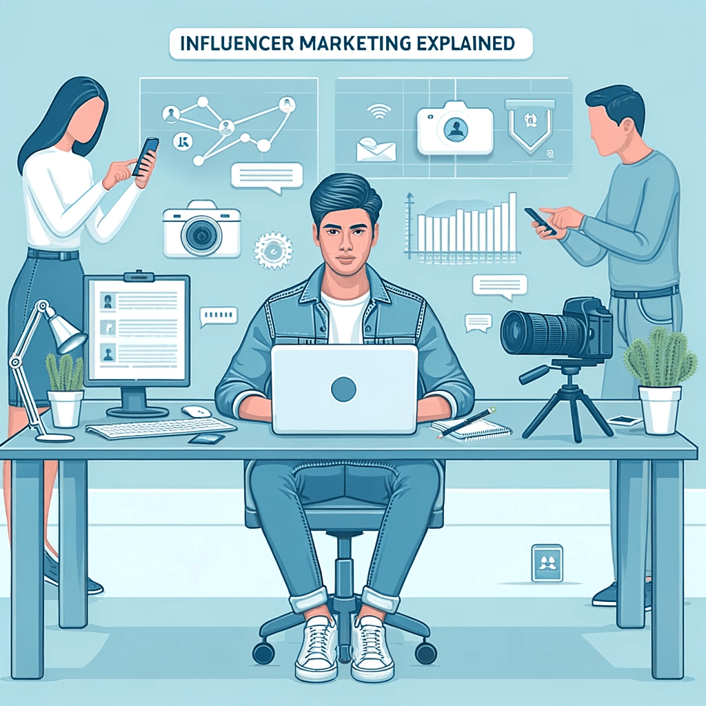 An illustrated influencer marketing set-up, with a man at a laptop leading content creation, assisted by social media and data professionals.