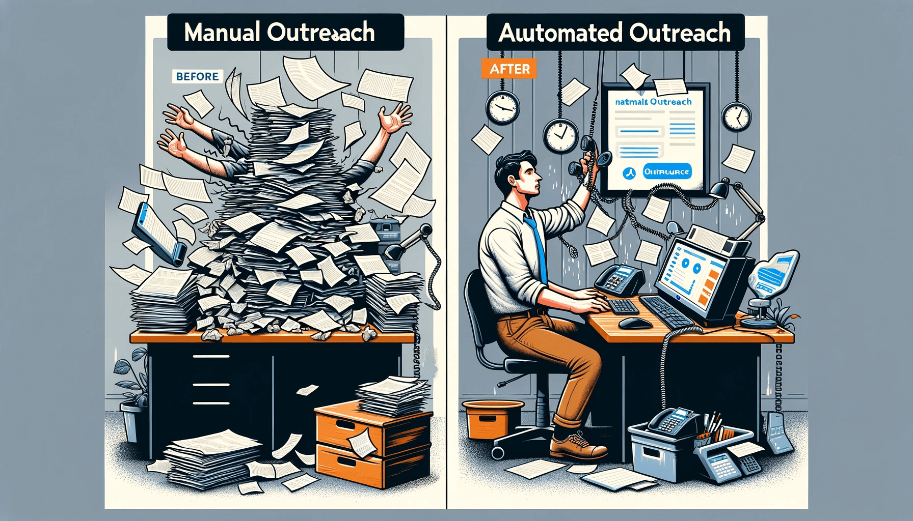 A split scene contrasting chaotic manual outreach on the left with an organized, automated outreach setting on the right.