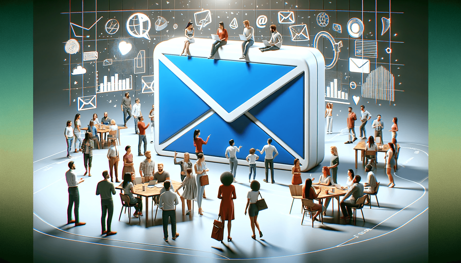 A lively scene of influencers and marketers gathered around a giant email envelope, symbolizing the importance of email outreach in influencer marketing.