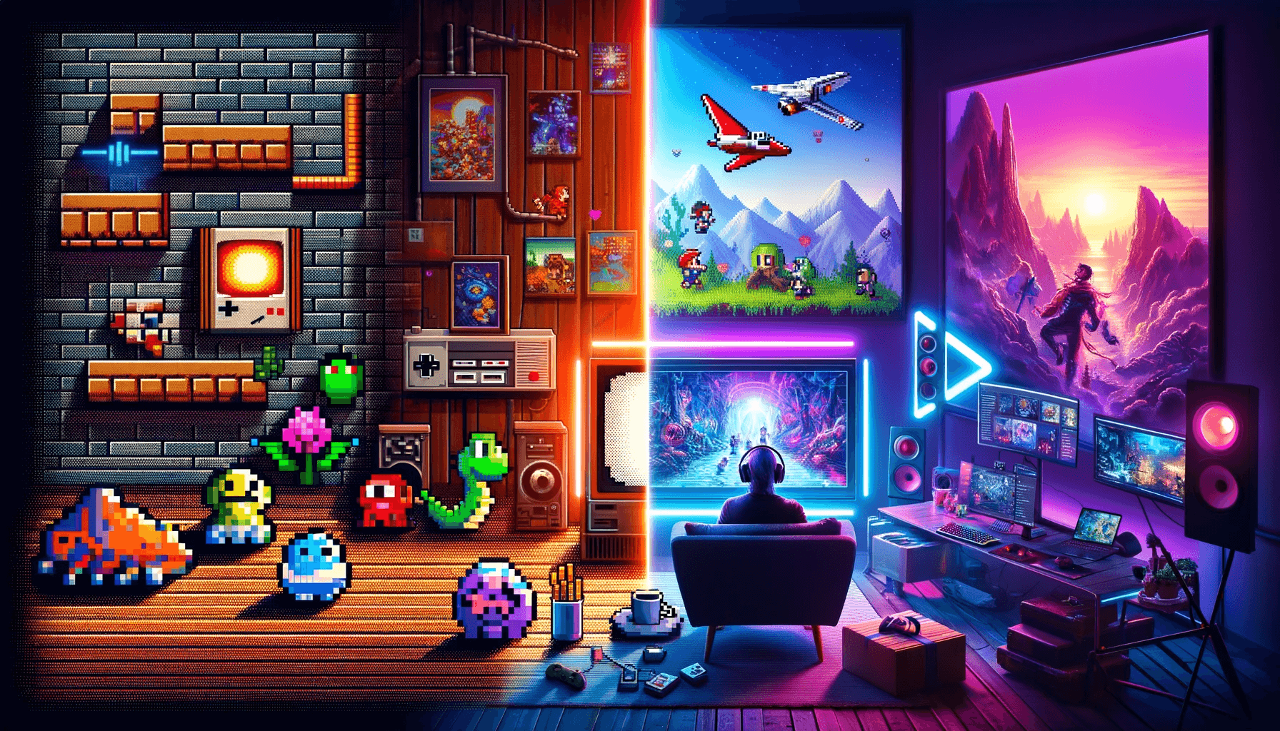 Progression from old-school pixelated gaming to high-definition influencer-driven gaming experiences.