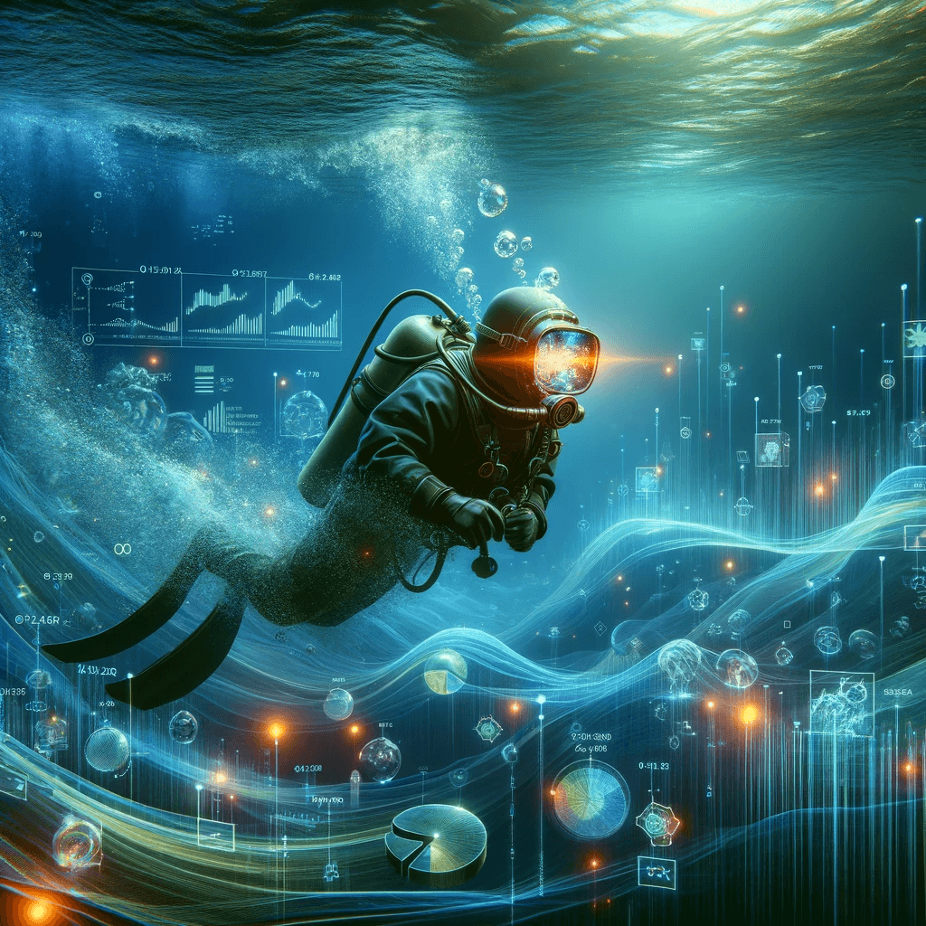 An image of a scuba diver exploring a sea of data, with the diver's helmet displaying influencer analytics charts and graphs underwater.
