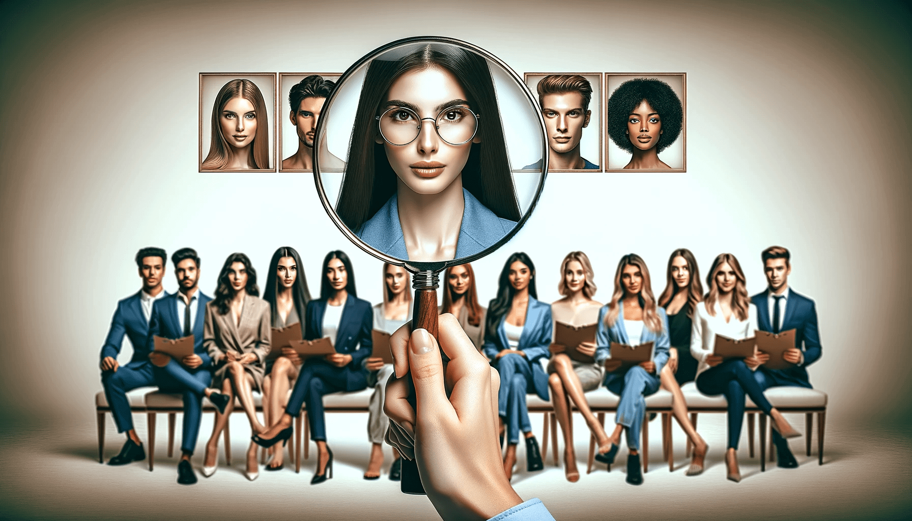 A line of diverse skinfluencers with a magnifying glass focusing on one, symbolizing the search for the ideal skincare influencer.