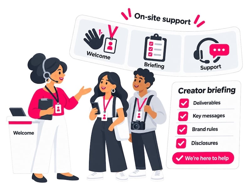 On-Site Talent Team for Influencer Events Illustration of an on-site talent coordinator welcoming two creators beside a checklist of deliverables and brand guidelines.