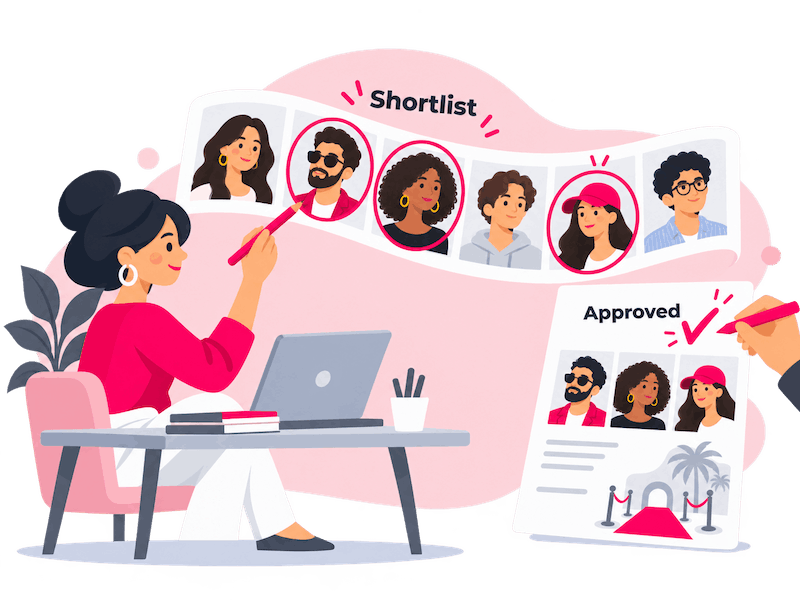 Influencer Selection for Events Illustration of a coordinator reviewing creator profiles and preparing an approved influencer guest list.
