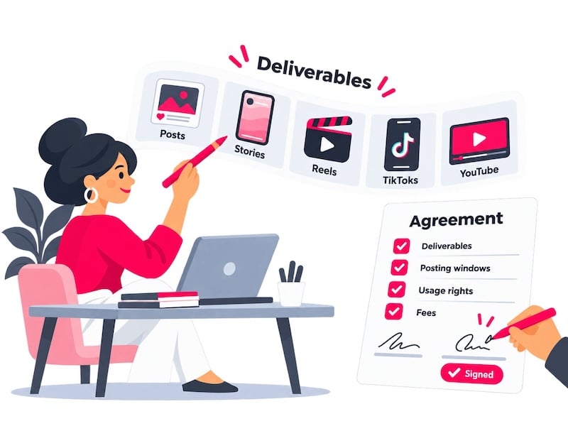 Influencer Deliverable Negotiation for Events Illustration of social media content formats beside a signed agreement covering deliverables, posting windows, usage rights, and fees.