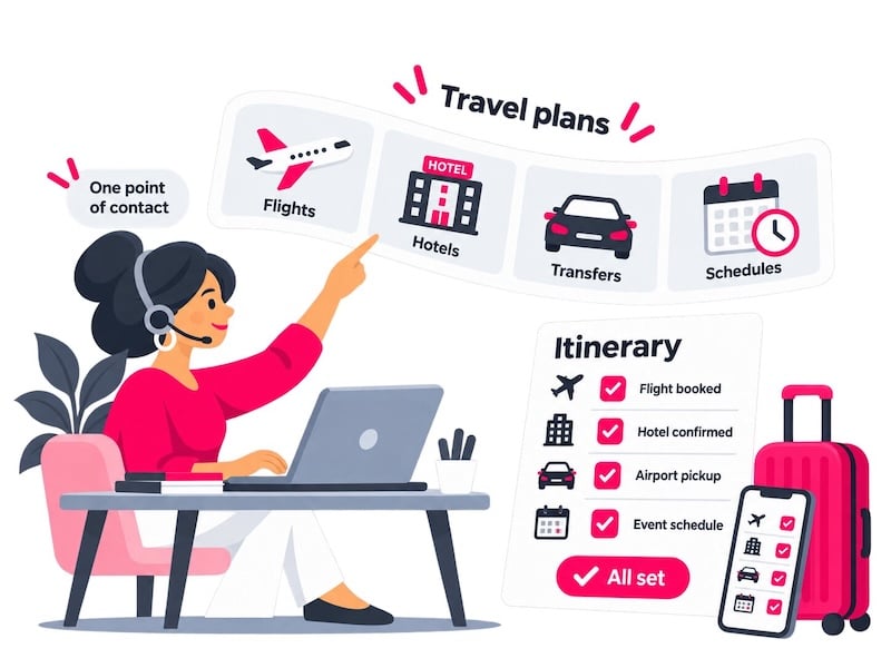 Influencer Travel and Logistics for Events Illustration of a coordinator managing influencer flights, hotels, airport transfers, and event itineraries.